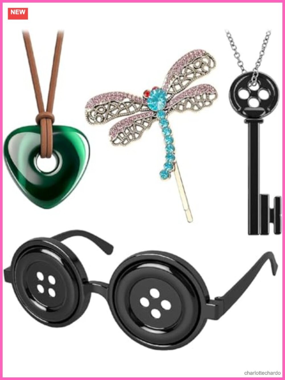 Gothic Accessory Set Button Glasses Key Necklace Heart Pendant Dragonfly Hair